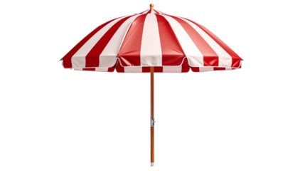 Red and white striped beach umbrella isolated on a transparent background, studio view, isolated on transparent background. Great for summer designs, studio view, isolated on transparent background.