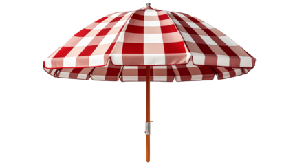 Transparent PNG of a red and white striped umbrella, ideal for summer-themed creative projects, studio view, isolated on transparent background.