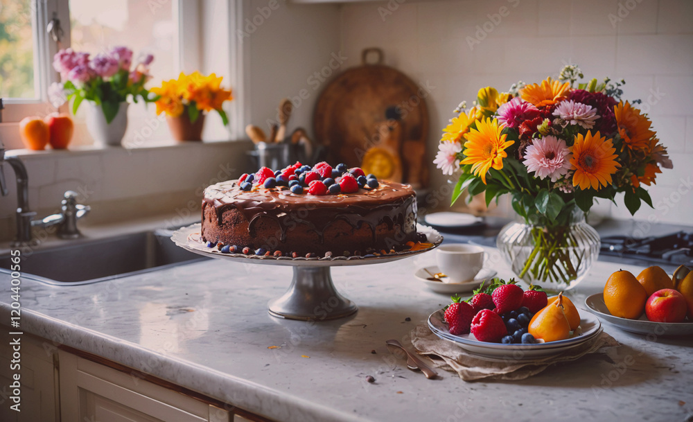 Poster a cake with blueberries and strawberries on top sits on a silver platter on a marble counter. a vase
