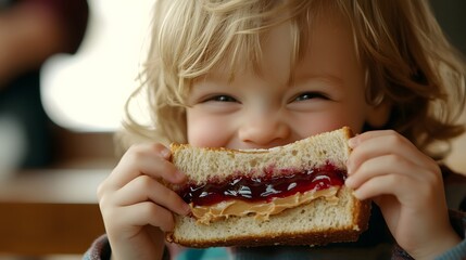A child  eating a peanut butter and jelly sandwich