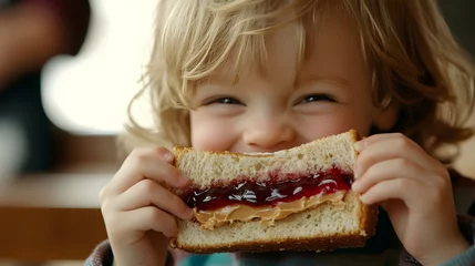 Fotobehang A child  eating a peanut butter and jelly sandwich © bvbflo1