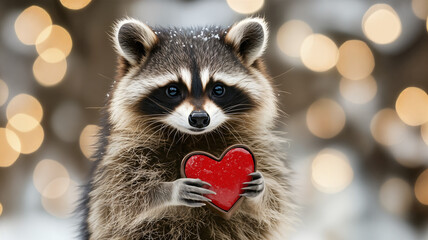 Adorable Raccoon with a Heart in a Winter Wonderland