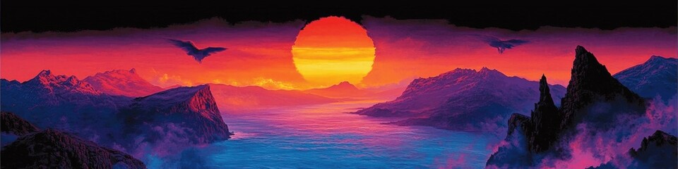 Breathtaking Sunset Over Serene Lake and Majestic Mountains with Silhouetted Birds in Vivid Pink and Orange Sky - Stunning Nature Landscape Art Wallpaper