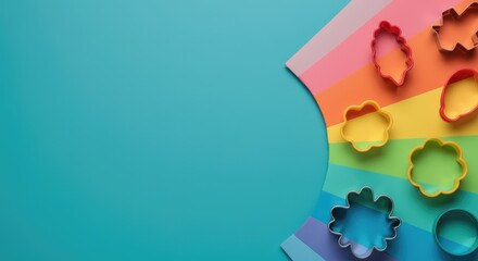 Colorful flower-shaped cookie cutters on vibrant rainbow background
