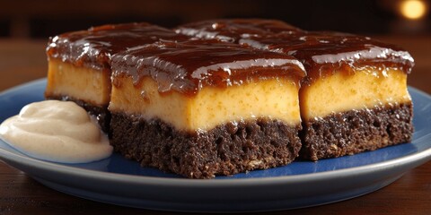 Decadent Chocolate Flan Cake with Rich Caramel Glaze and Whipped Cream Topping on Blue Plate - Perfect Dessert for Chocolate and Caramel Lovers