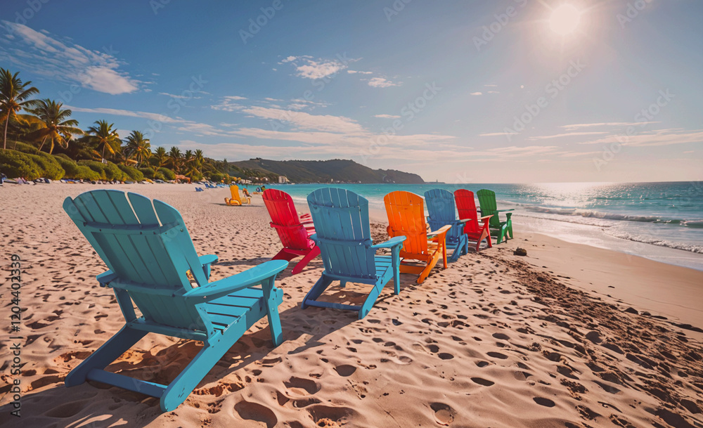 Aufkleber a row of colorful beach chairs are lined up on the beach. the chairs are of different colors, includ