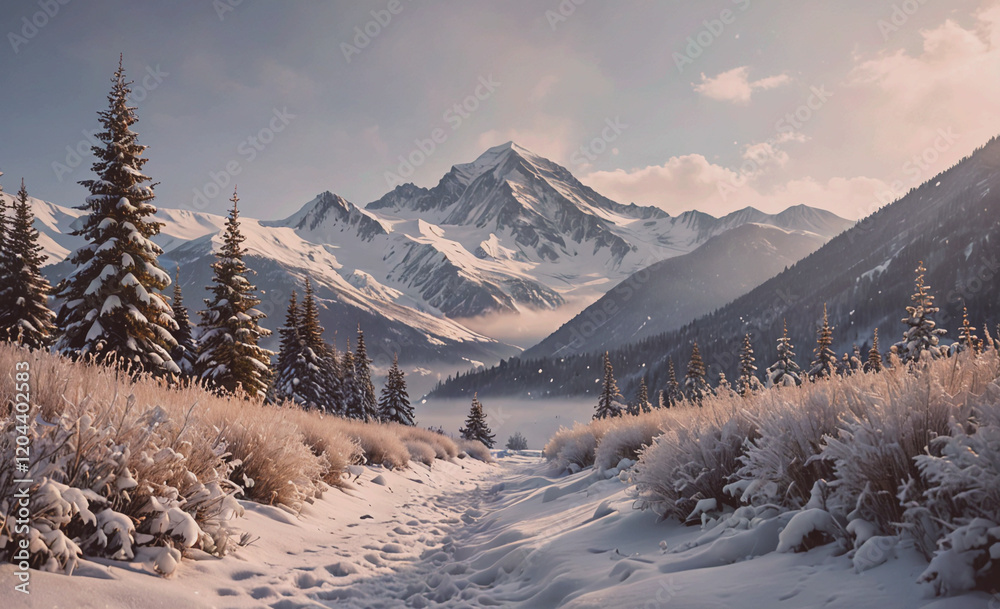 Aufkleber A snowy mountain range with a path through the snow. The path is surrounded by trees and the mountains are covered in snow. The scene is peaceful and serene, with the snow-covered landscape creating a