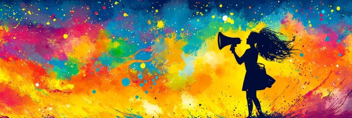 Naklejka premium Silhouette of a dancer leaping gracefully in a vibrant cosmic explosion of colors, representing creativity, artistic expression, and boundless imagination in a captivating digital artwork