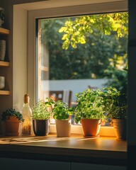 Fototapeta premium A serene kitchen window scene filled with lush green plants. Sunlight bathes the herbs creating a warm atmosphere. Perfect for nature lovers. Generative AI