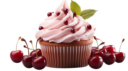 Close-up of red cherry cupcake with smooth icing and vibrant colors, studio view, isolated on transparent background.