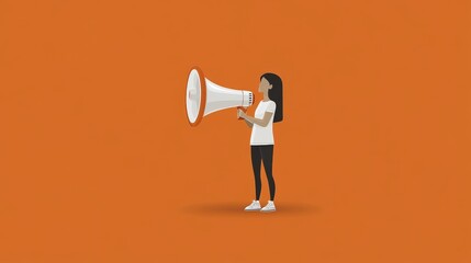 Minimalist scene of a tiny woman shouting into a large white megaphone on an orange background, symbolizing empowerment, amplified voices, and impactful messaging in a surreal composition