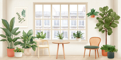 bright and airy indoor space featuring various houseplants, wooden table, and chair. large window allows natural light to illuminate room, creating refreshing atmosphere