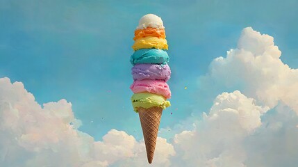 A whimsical ice cream cone with a rainbow flavors stacked high