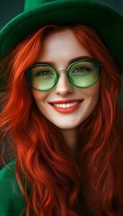 Fototapeta premium Modern trendy Saint Patrick's day woman.Smile Red Hair woman