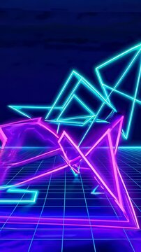 vibrant neon abstract composition with glowing geometric shapes, including triangles and lines, set against a dark grid background, creating a futuristic and digital atmosphere