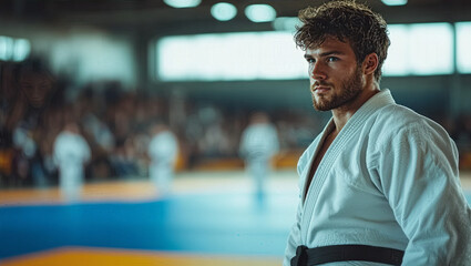 Martial arts Training Gym, Male Judoka in Dojo or Tournament. Sports Background with copy space, 