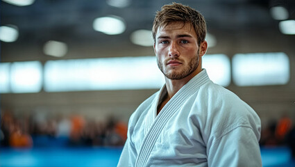Fototapeta premium Martial arts Training Gym, Male Judoka in Dojo or Tournament. Sports Background with copy space, 