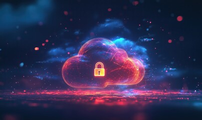 Cloud security concept with glowing cloud and padlock symbol representing data protection and cybersecurity in digital environment