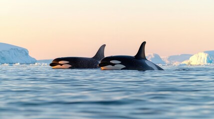 Fototapeta premium Orcas at sunset near Antarctic icebergs; wildlife documentary footage
