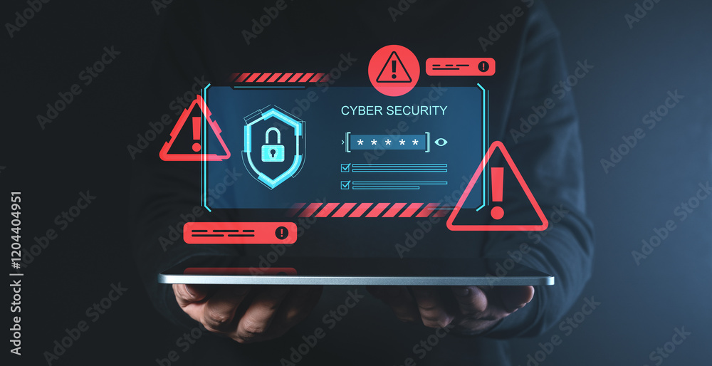 Poster cybersecurity interface with padlock and warnings on digital screen.