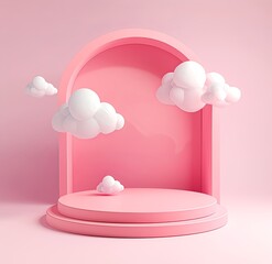 Elegant clay podium with two white clouds floating above, set against a soft pink background