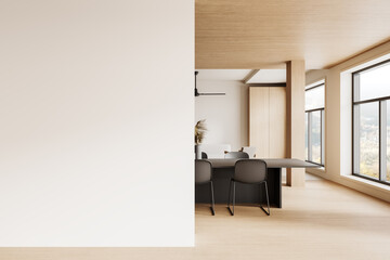 Blank wall with modern dining area and minimalistic interior design layout. 3D Rendering
