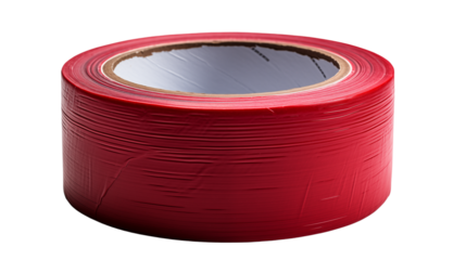 Close-up of a red duct tape roll, symbolizing durability and versatile utility, studio view, isolated on transparent background.