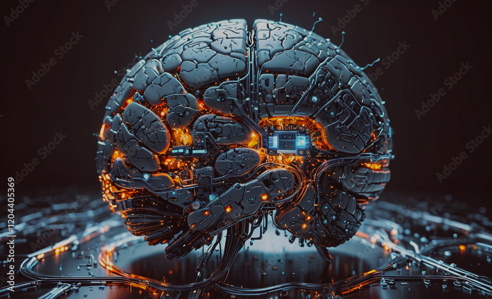 Poster a brain with wires and circuits is shown in a dark background. the brain is glowing with a blue ligh