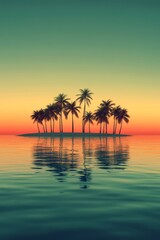 Sunset on a tropical island. Silhouettes of palm trees against a bright orange sunset sky