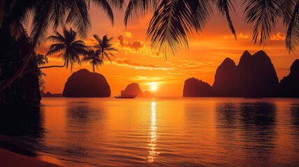 Sunset on a tropical island. Silhouettes of palm trees against a bright orange sunset sky