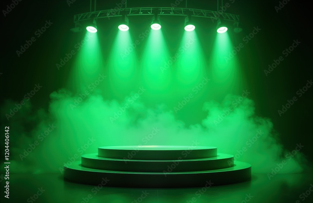 Poster empty stage illuminated by green spotlights, fog. dark background. circular podium placed in center 