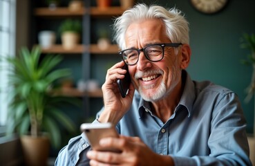 Smiling senior man talks on mobile phone. Looks happy, engaged in conversation. Likely at home in similar informal setting. Photo suggests relaxed moment, tech accessibility for ages. Portrays
