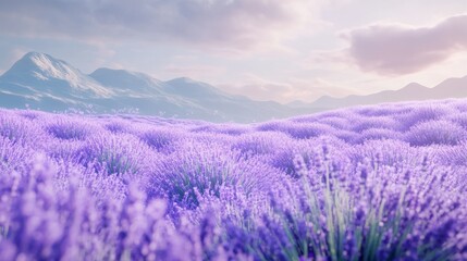 Obraz premium An endless lavender field in soft purple tones leading to golden hills