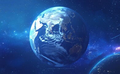 planet Earth in space with a blue sky and stars, whimsical design of Earth surrounded by stars, cartoonish planet Earth with bright colors and cosmic backdrop.