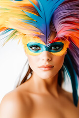 Fototapeta premium Beautiful woman wearing colorful feather mask and makeup posing for carnival celebration