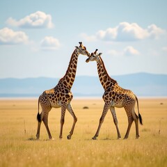 Obraz premium Two giraffes playfully interacting in savannah landscape with copy space for advertising campaign, wildlife-inspired marketing imagery, and corporate branding elements under sunny blue sky