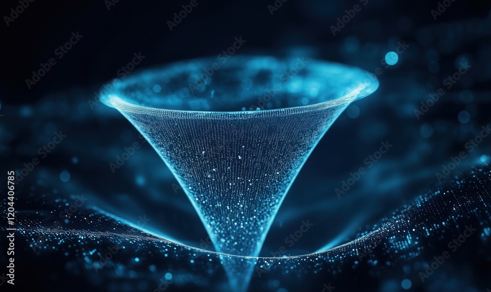 Poster digital vortex visualization with glowing particles and abstract data representation, showcasing a f