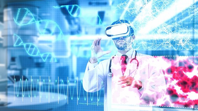 Skilled medical worker explaining and sharing idea about genetic symptom while looking at DNA hologram. Professional doctor wearing VR headset while diagnosis heart symptom. Technology. Apparatus.