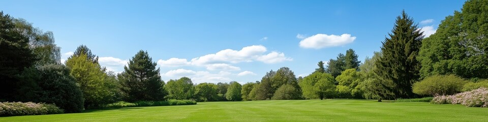 Fototapeta premium A large, open field with trees in the background. The sky is clear and blue, and the grass is lush and green. Concept of tranquility and peacefulness