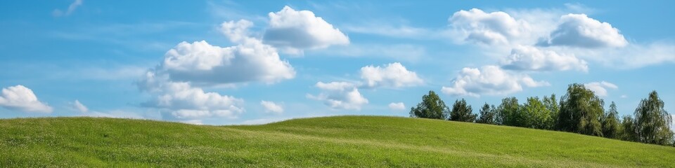 A large field of grass with a few trees in the background. The sky is blue with a few clouds