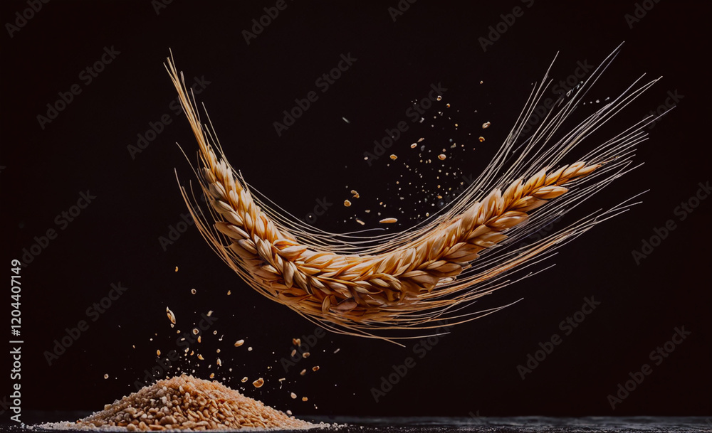 Poster a grain of wheat is flying through the air. the grain is surrounded by a cloud of dust