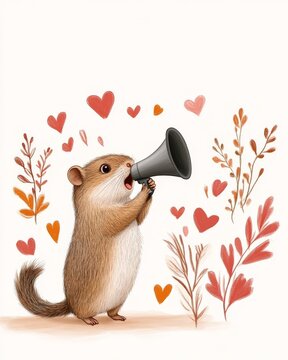 Romantic cartoon style illustration of two hamsters holding megaphones surrounded by floating hearts and autumn leaves, capturing themes of love, connection, and whimsical charm