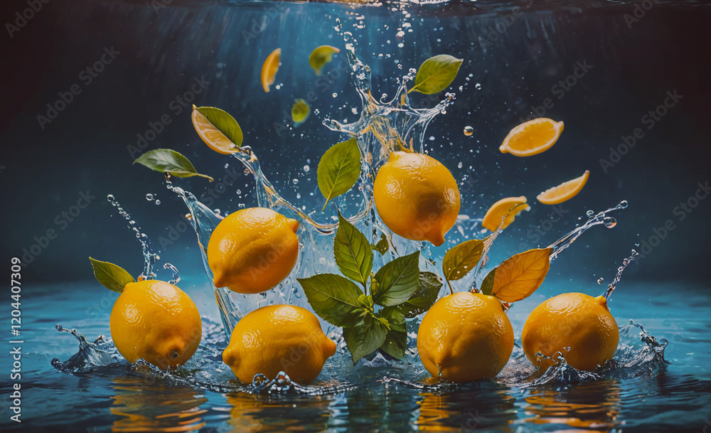 Poster a splash of water with a bunch of lemons floating in it. the lemons are yellow and have green leaves