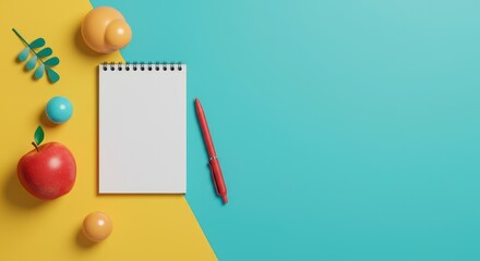 Blank notebook with pen, red apple, and small decorations on vibrant dual-colored background