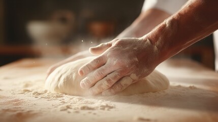 Close-Up of Pizza Dough Being Kneaded with Flour Dust, Blurred Pizza Kitchen Background