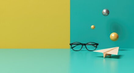Abstract scene with eyeglasses, paper plane, and floating spheres on colorful background