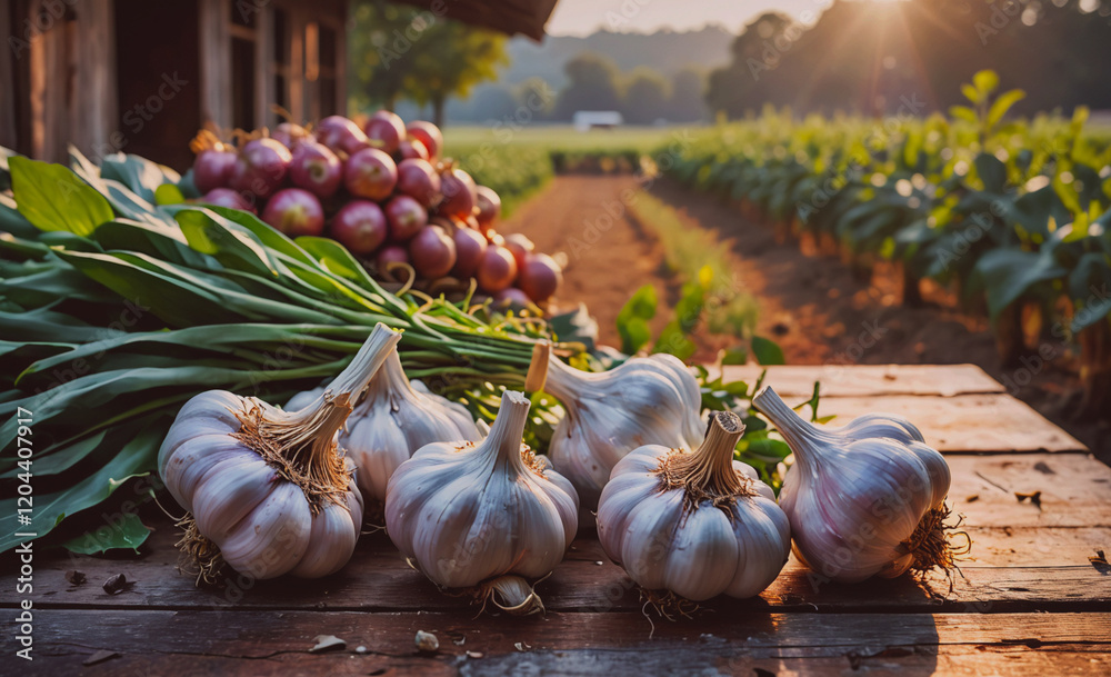 Poster A wooden table is covered with a variety of vegetables, including garlic. The garlic is in a bunch and is spread out on the table. There are also several apples and onions scattered around the table