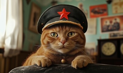 Cat in military cap with star emblem, showcasing a confident expression in a vintage room filled with nostalgic decor