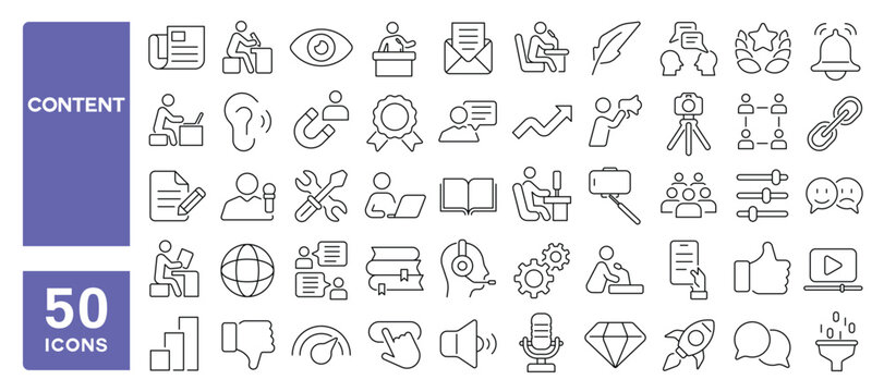 Set of 50 line icons related to content, writer, digital, story, marketing, telling, media, author, page, blog, summary, article, Editable stroke. Vector illustration