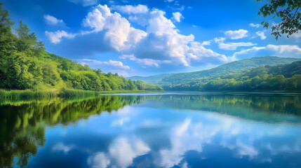 Tranquil lake scene with lush greenery, blue sky and fluffy clouds, digital art illustration, nature scenery, nature wallpaper. Mystic Lake. Illustration